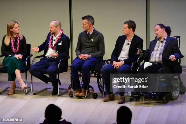 Shannon Spake, Patrick Lange, Glenn Hartrick, Brent Pease, and Kyle Pease participate in a Q&A during the IRONMAN World Championship Broadcast...