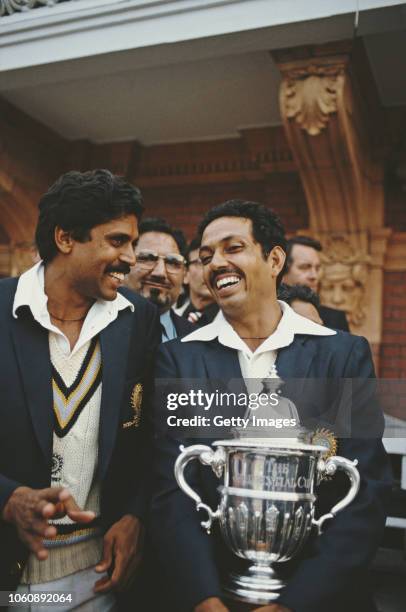 India players Kapil Dev and Man of the Match Mohinder Amarnath pictured after the 1983 Prudential World Cup Final victory against West Indies at...