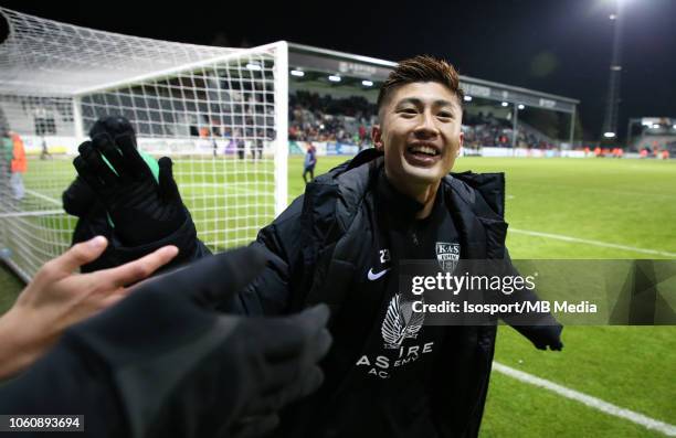 Yuta Toyokawa celebrates after winning during the Jupiler Pro League match between KAS Eupen and RSC Anderlecht at Kehrwegstadion on October 28, 2018...