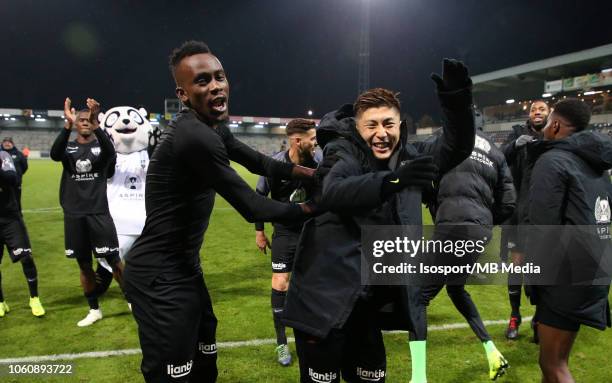 Yuta Toyokawa celebrates after winning during the Jupiler Pro League match between KAS Eupen and RSC Anderlecht at Kehrwegstadion on October 28, 2018...