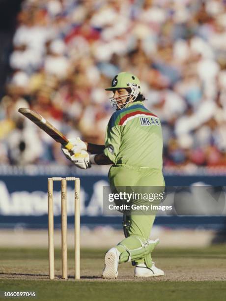 Pakistan batsman Imran Khan hits out during his innings of 72 runs during the 1992 Cricket World Cup Final victory against England at MCG on March...