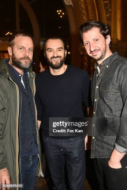 Joachim Roncin, chef Cyril Lignac and comedian Monsieur Poulpe attend 'Les Fooding 2019' Ceremony at Le Train Bleu on November 12, 2018 in Paris...