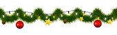 Festive winter garland for websites. Christmas and New Year festoon with coniferous torse, holiday lights, star, glass ornaments and ficone.