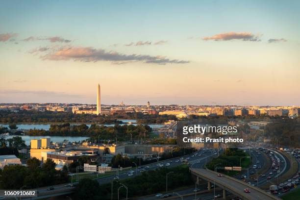 washington d.c. skyline with highways and monuments in usa. - washington dc stock pictures, royalty-free photos & images