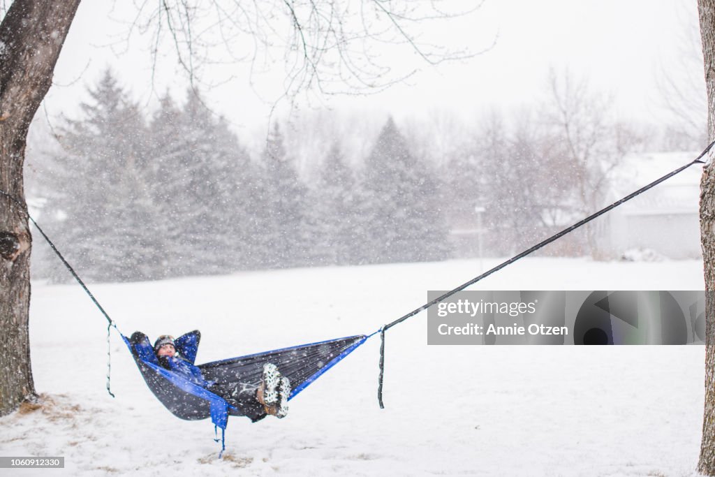Man in Hammock on a winter day
