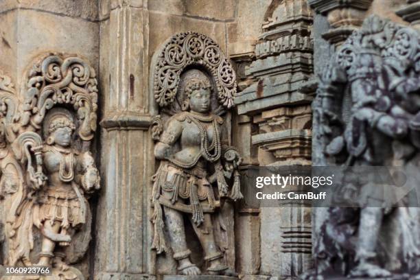 intricate carvings in belur chennakeshava temple premise. - soapstone carving stock pictures, royalty-free photos & images