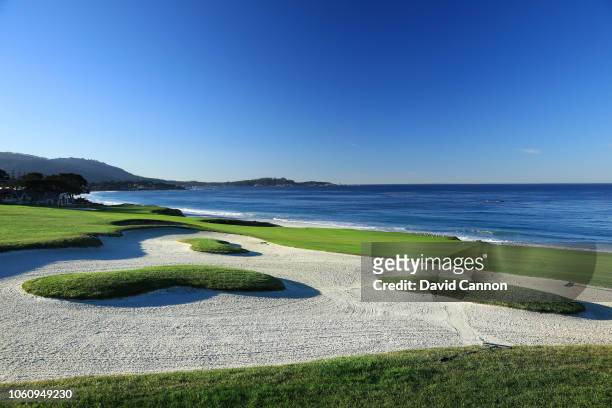 The approach to the green on the par 4, 10th hole at Pebble Beach Golf Links the host venue for the 2019 US Open Championship on November 8, 2018 in...