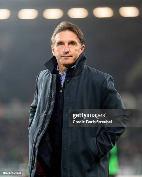 Head coach Bruno Labbadia of VfL Wolfsburg looks on prior to the Bundesliga match between Hannover 96 and VfL Wolfsburg at HDI-Arena on November 9,...