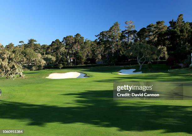 The approach to the green on the par 5, 14th hole at Pebble Beach Golf Links the host venue for the 2019 US Open Championship on November 8, 2018 in...