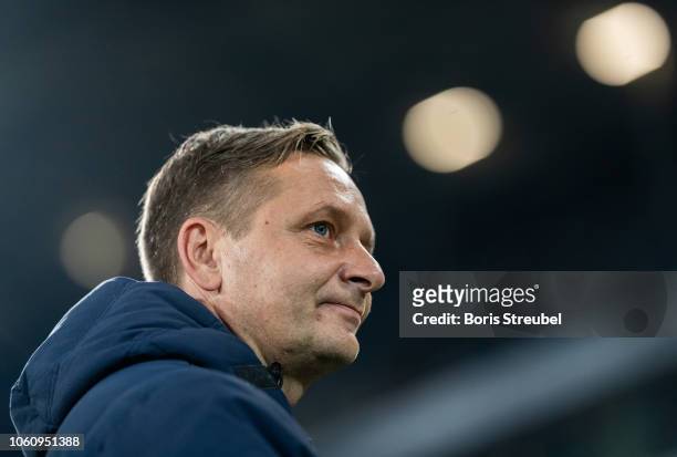 Horst Held, manager of Hannover 96 looks on prior to the Bundesliga match between Hannover 96 and VfL Wolfsburg at HDI-Arena on November 9, 2018 in...