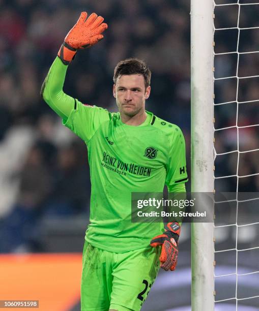 Goalkeeper Michael Esser of Hannover 96 gestures during the Bundesliga match between Hannover 96 and VfL Wolfsburg at HDI-Arena on November 9, 2018...