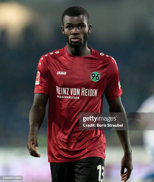 Ihlas Bebou of Hannover 96 looks on during the Bundesliga match between Hannover 96 and VfL Wolfsburg at HDI-Arena on November 9, 2018 in Hanover,...