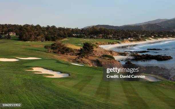 View of the approach to the green on the par 4, eighth hole at Pebble Beach Golf Links the host venue for the 2019 US Open Championship on November...