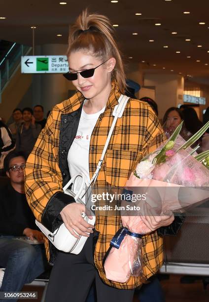 Gigi Hadid is seen upon arriving at the Haneda Airport on November 13, 2018 in Tokyo, Japan.