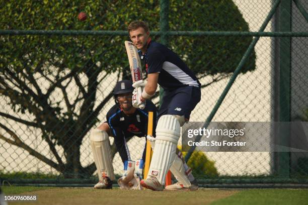 England wicketkeeper Ben Foakes gets some practice with captain Joe Root during England nets ahead of the 2nd Test Match at Pallekelle Stadium on...