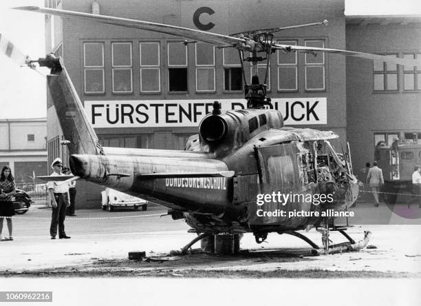 The wreck of a helicopter of the Federal Border Police is standing at the military airport Fürstenfeldbruck on 6 September 1972. In this helicopter,...