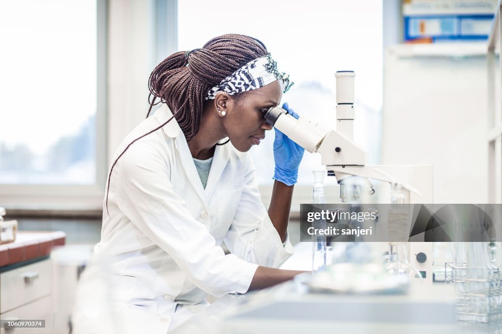 Female Scientist Working in The Laboratory, Using a Microscope