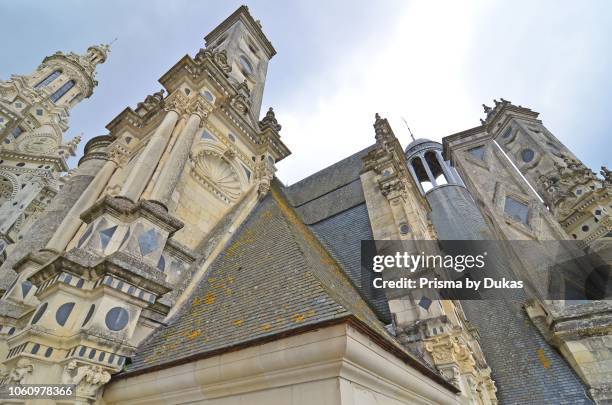 Detail of the amazing decorative chimneys and turrets on the roof of the royal Chateau de Chambord, France.