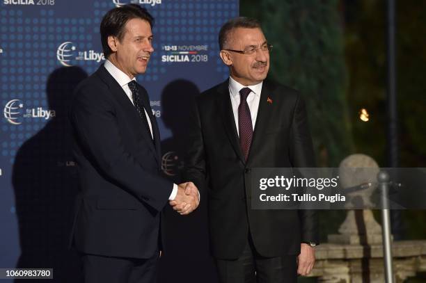 Italian Prime Minister Giuseppe Conte welcomes Fuat Oktay, Vice President of Turkey during the Conference for Libya at Villa Igiea on November 12,...