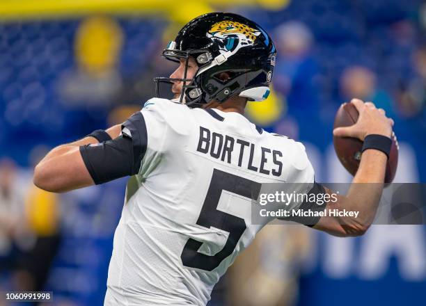 Blake Bortles of the Jacksonville Jaguars is seen before the game against the Indianapolis Colts at Lucas Oil Stadium on November 11, 2018 in...