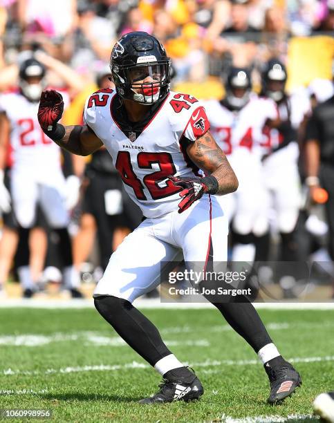 Duke Riley of the Atlanta Falcons in action during the game against the Pittsburgh Steelers at Heinz Field on October 7, 2018 in Pittsburgh,...