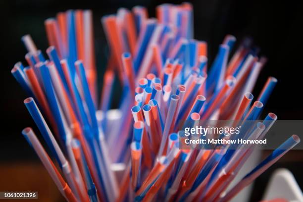 Selection of colourful plastic straws on October 26, 2018 in Cardiff, United Kingdom. The government has set out a plan to ban the distribution and...