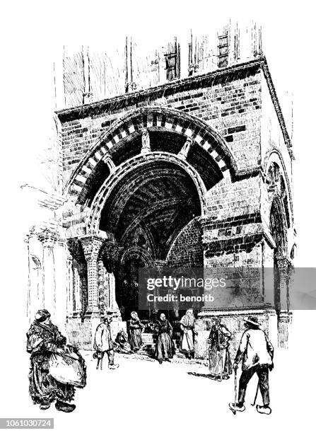 cathedral of notre dame le puy - cathedral of notre dame le puy stock illustrations