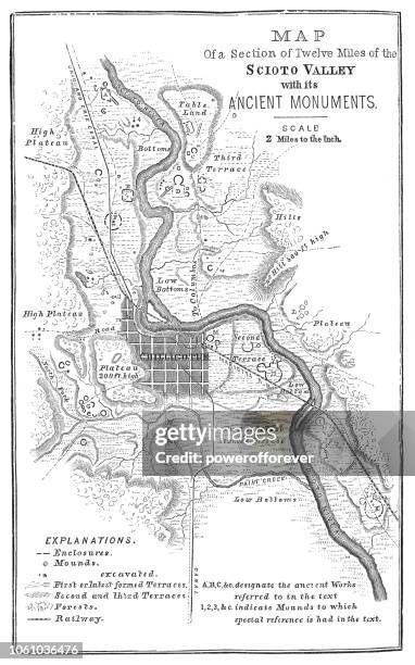 squier map of hopewell culture national historical park in ross county, ohio, usa - mound builder culture stock illustrations