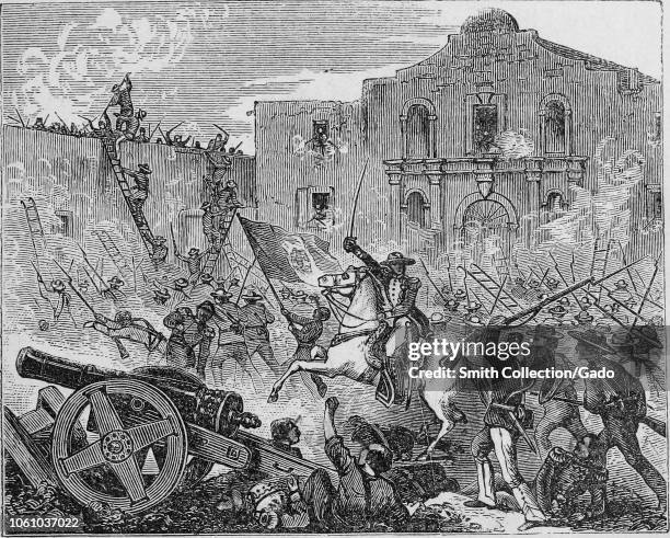 Engraving of the siege of the Alamo, the first thirteen days of the Battle of the Alamo, from the book 'Brief history of Texas from its earliest...