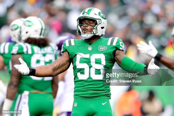 Darron Lee of the New York Jets reacts against the Minnesota Vikings at MetLife Stadium on October 21, 2018 in East Rutherford, New Jersey. The...