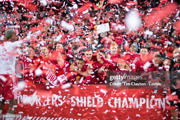 October 28: The New York Red Bulls players celebrate after winning the Supporters Shield after their 1-0 win during the New York Red Bulls Vs Orlando...