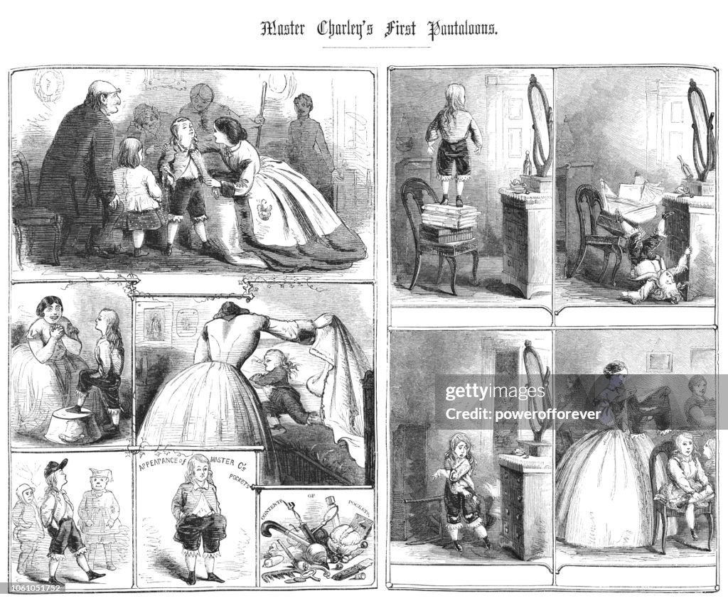 Master Charley's First Pantaloons Comic Strip Cartoon (19th Century)