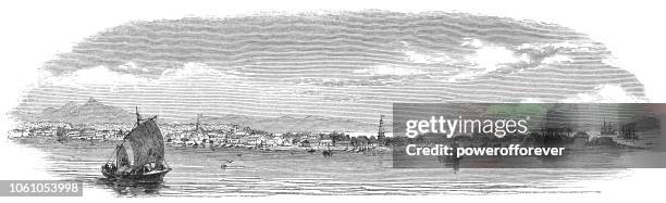 port at puntarenas in costa rica (19th century) - puntarenas stock illustrations