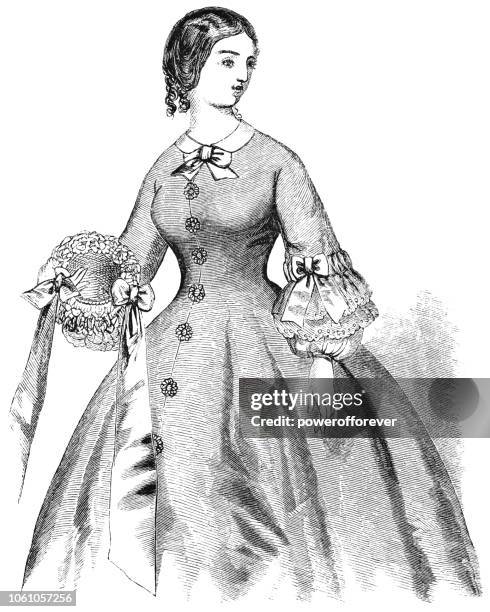 home dress - victorian style fashion (1859) - ringlet hairstyle stock illustrations