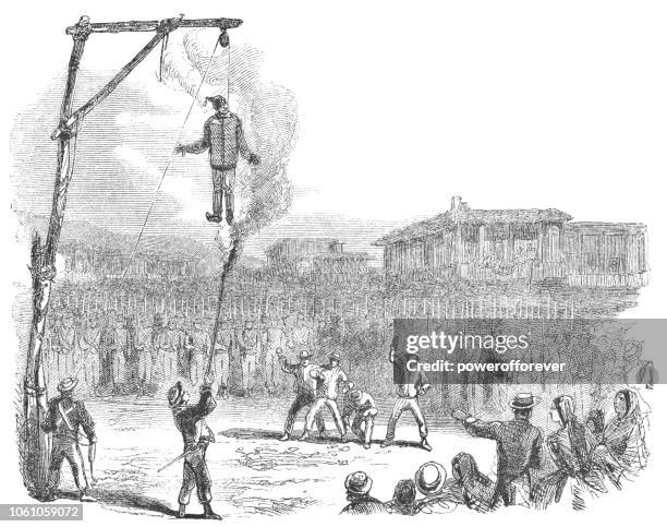 stockillustraties, clipart, cartoons en iconen met het verbranden van judas pasen ritueel in san josé, costa rica (19e eeuw) - hanging gallows