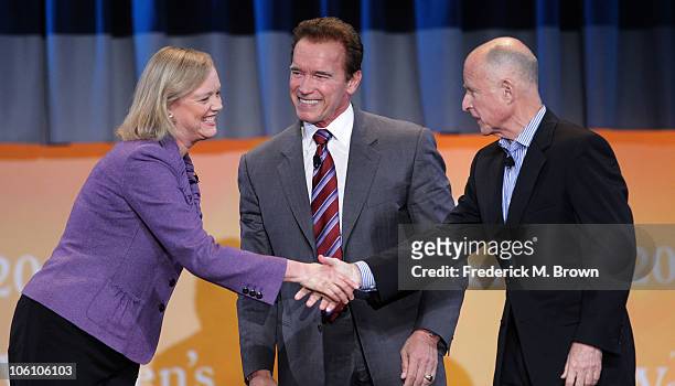 Meg Whitman, California Governor Arnold Schwarzenegger and Jerry Brown speak during the Maria Shriver Women's Conference at the Long Beach Convention...