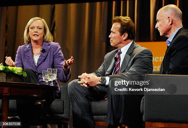 Republican gubernatorial candidate and former eBay CEO Meg Whitman speaks as California Gov. Arnold Schwarzenegger and California attorney general...