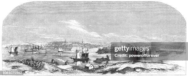 lumber port in bangor, maine, usa (19th century) - bangor maine stock illustrations