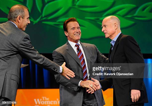 Democratic candidate for governor and California attorney general Jerry Brown is greeted by California Gov. Arnold Schwarzenegger and 'Today' show...