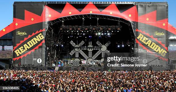 General view of the main stage as Limp Bizkit perform live on the Main stage during the third and final day of Reading Festival on August 29, 2010 in...