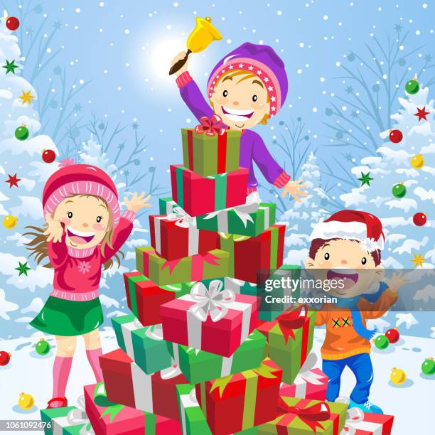 christmas presents pyramid as a christmas tree - child climbing tree stock illustrations
