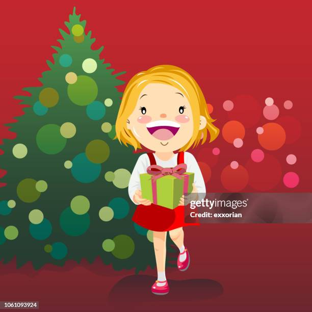 girl love christmas gift - blurred background interior stock illustrations