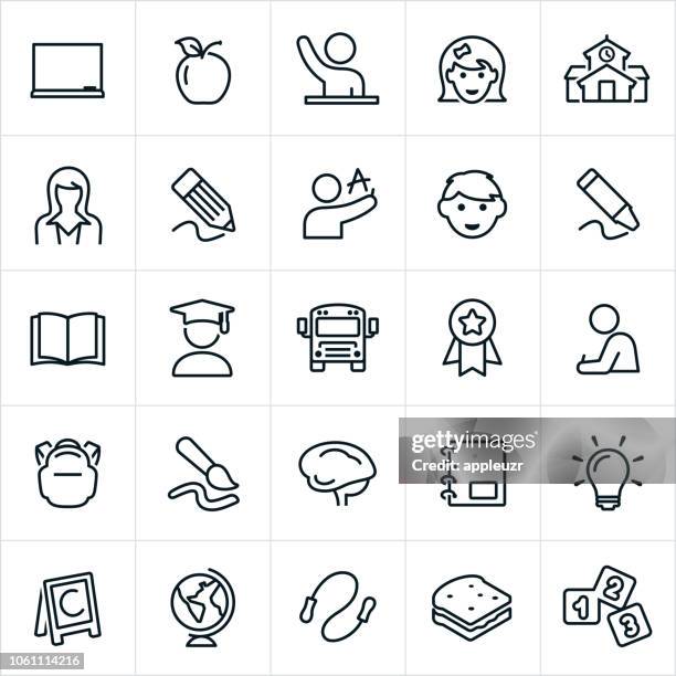 ilustraciones, imágenes clip art, dibujos animados e iconos de stock de iconos de la educación primaria - escuela preescolar