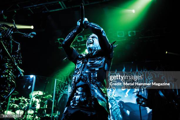 Frontman Dani Filth of British gothic metal group Cradle Of Filth performing live on stage at the Electric Ballroom in London, on November 10, 2017.