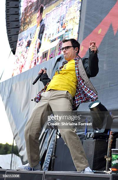 Rivers Cuomo of Weezer performs on day two of the Leeds Festival at Branham Park on August 28, 2010 in Leeds, England.