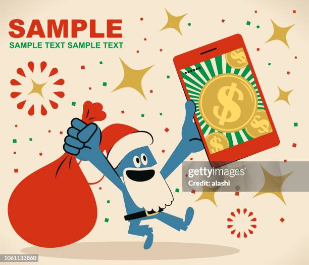 niedliche blaue santa zeigt eine handy mit dollar geld auf bildschirm und halten meschotschek und tanz - firework display stock-grafiken, -clipart, -cartoons und -symbole