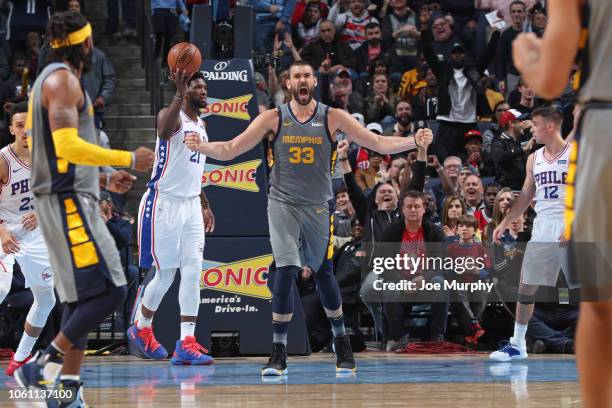 Marc Gasol of the Memphis Grizzlies yells and celebrates during the game against the Philadelphia 76ers on November 10, 2018 at FedExForum in...