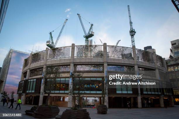 The back of the Broadgate building in London, United Kingdom. Broadgate is the largest pedestrianised community in London for shopping and...