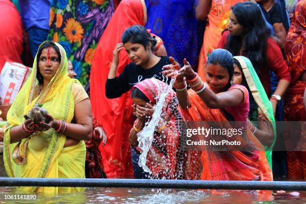 Hindu devotees offer prayers during the Chhath festival rituals on November 13, 2018 in Jaipur, India. Thousands of devotees celebrating Chhath Puja...