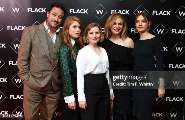 Rufus Jones, Genevieve Angelson, Rebecca Benson, Anna Paquin and Lydia Wilson attend the Premiere of UKTV's new series "Flack" at Ham Yard Hotel on...